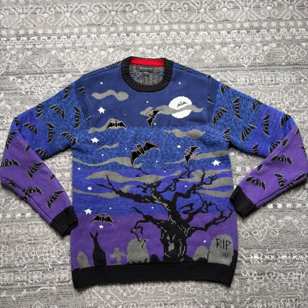 Blizzard Bay Halloween Embroidered Sweater Bats Full Moon Graveyard Large